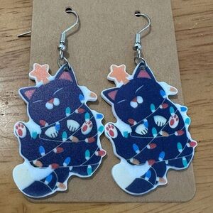 Cute Black Cat Tangled in Colorful Christmas Lights Earrings